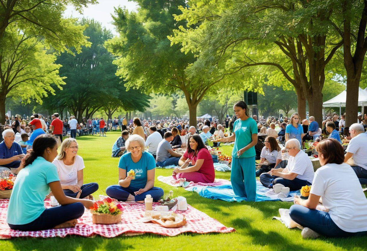 A vibrant community gathering scene in a park, showcasing diverse groups of people engaging in various activities like volunteering, sharing food, and conversing joyful, with colorful banners promoting community services in the background. The atmosphere is warm and inviting, with trees and flowers adding to the lively environment. super-realistic. vibrant colors. 3D.