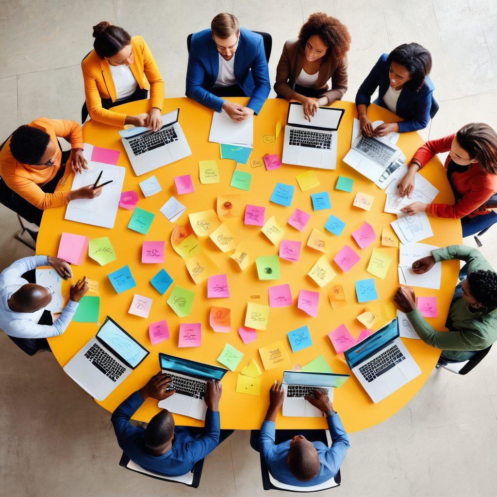 A dynamic scene showcasing diverse individuals engaged in a community workshop, collaborating at a large round table filled with brainstorming materials. The backdrop features a colorful mural representing teamwork and innovation. Emphasize vibrant interactions and facial expressions that convey enthusiasm. Include tech elements like laptops and tablets to signify modern communication. bright and cheerful colors. 3D illustration.
