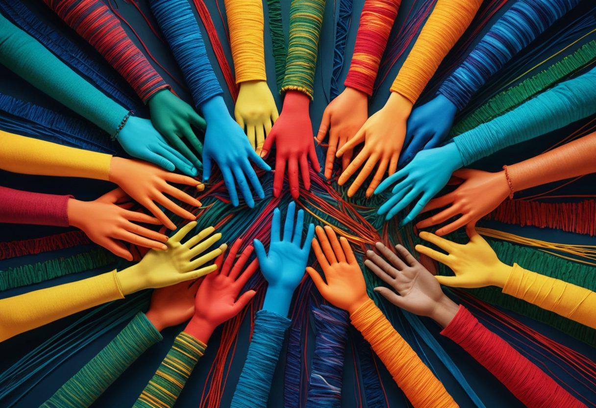 An abstract illustration of diverse people connecting through vibrant digital threads, symbolizing community engagement. Incorporate energetic colors representing various cultures, along with social media icons subtly integrated into the background. The scene should evoke a sense of collaboration and unity, with the depiction of hands reaching out to each other across the digital space. modern art. vibrant colors. 3D.